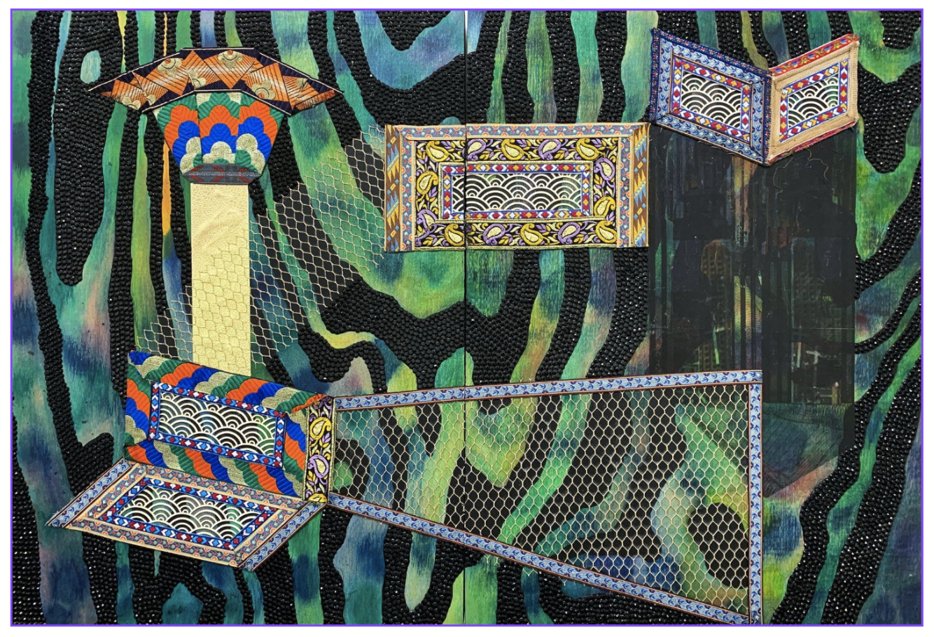 Natalia Nakazawa
Visual Heteroglossia: Watchtower 
Jacquard textiles, laser cut Arches watercolor paper, vinyl, jewels, concentrated watercolor and acrylic on wood pane on 2 panels - 
24 x 32" 
2019