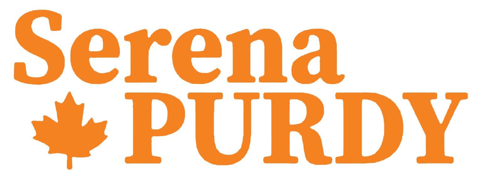 The image displays the text "Serena PURDY" with a maple leaf symbol between the words, all in orange with a black background.