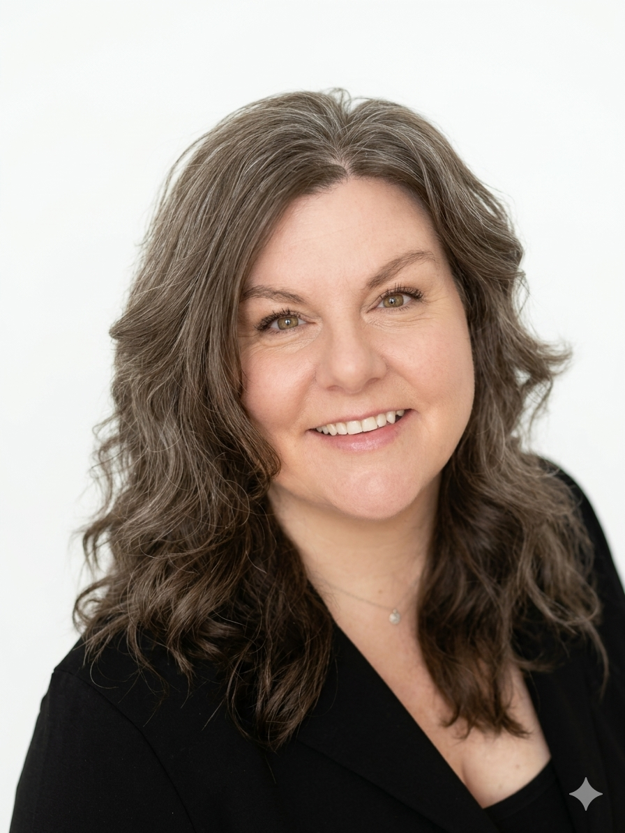 Portrait of a woman with shoulder-length curly brown hair, wearing a black top and a small necklace, smiling against a plain white background.