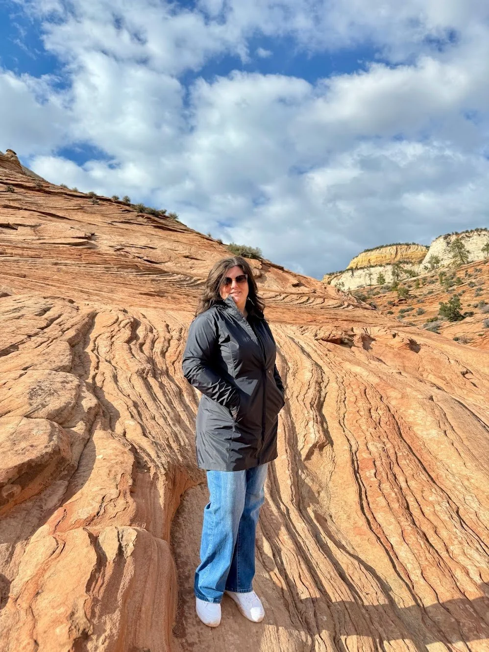 Woman standing on colorful rock formation in a desert landscape with dramatic cloud-filled sky.