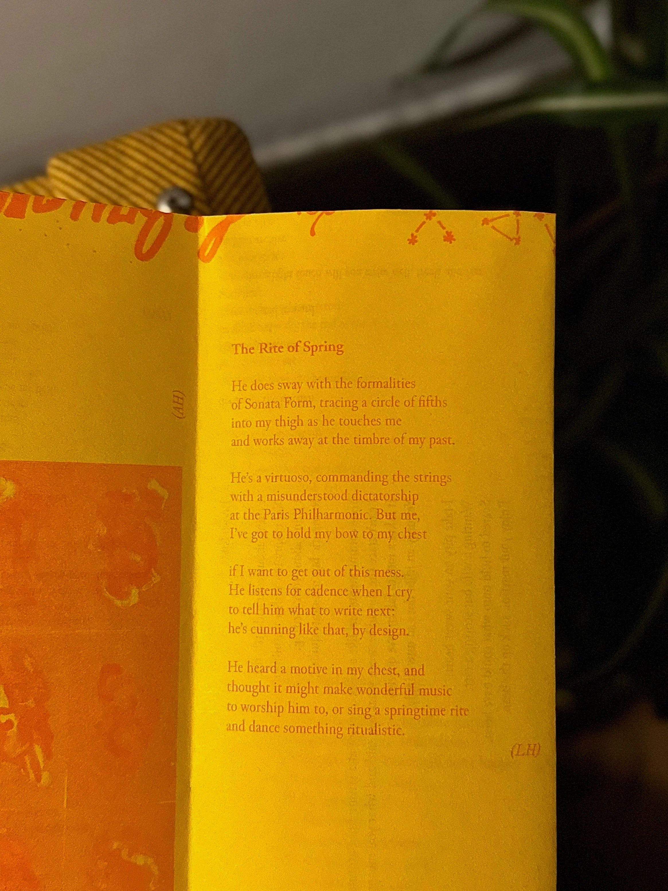 Close-up of a yellow paper with orange text, partially obscured, and a body of text titled 'The Rite of Spring,' with a background featuring a striped object and a plant.