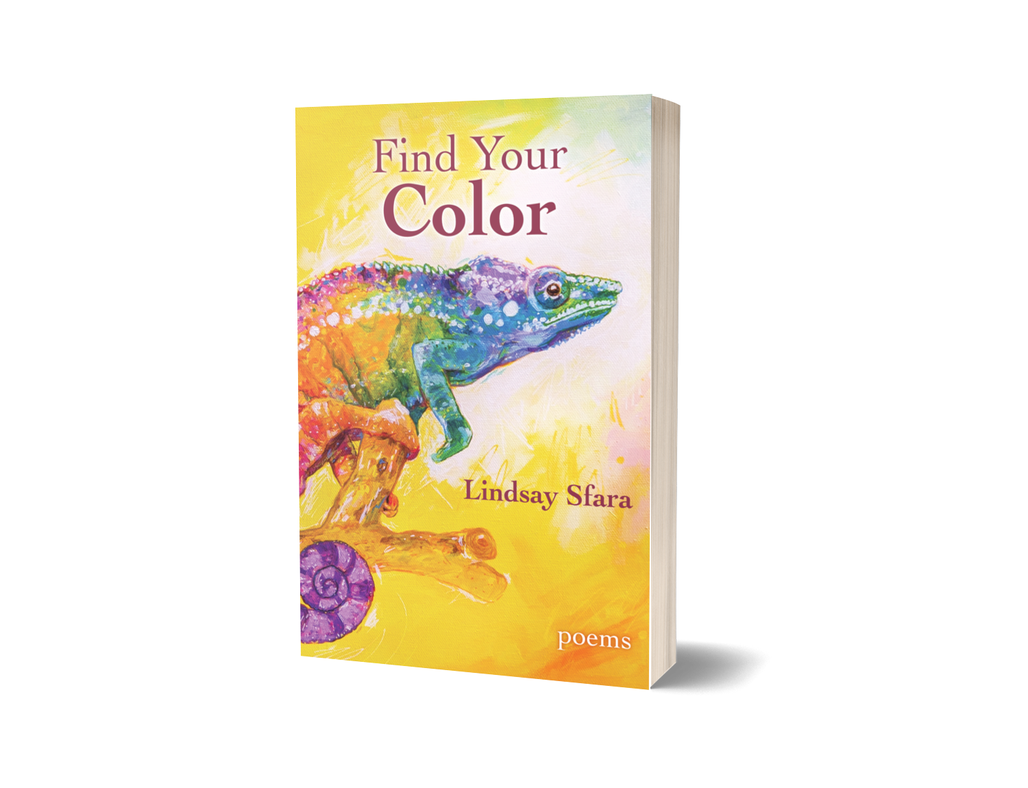 mock-up of Lindsay Sfara's Find Your Color poetry book as a paperback book. Cover is which is a rainbow chameleon on a yellow canvas background