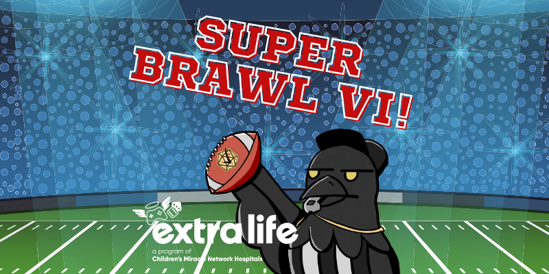 Cartoon raven as a footbal referee, holding a football against a cartoon stadium background. The Extra Life logo and "Super Brawl VI" text are over the background