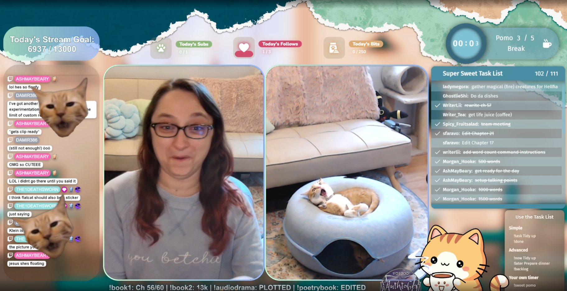 Lindsay Sfara's streaming on Twitch as WriterLii, with Nova the orange cat on catnip and Lindsay making an amused face