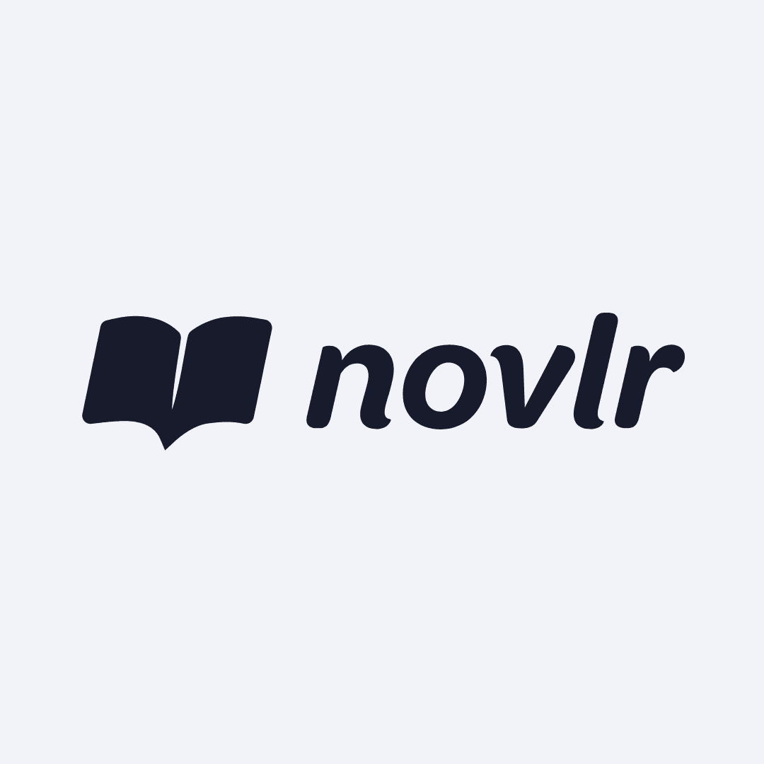Novlor Logo. black text with a black silhouette book as an icon