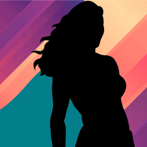 Don Your Cape newsletter logo, the silhouette of a women wearing a teal cape, in front of a multi-colored stripe background