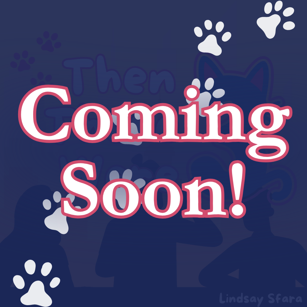 white coming soon text over a navy blue background with white paw prints