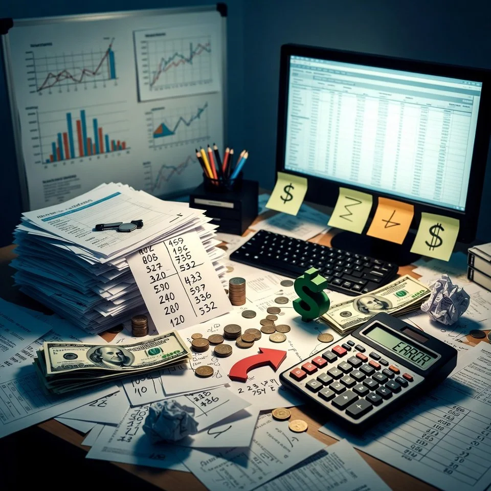 A cluttered desk with financial documents, charts, a calculator displaying 'EARNED', a computer screen with a spreadsheet, stacks of cash and coins, sticky notes with dollar signs and math symbols, and office supplies.