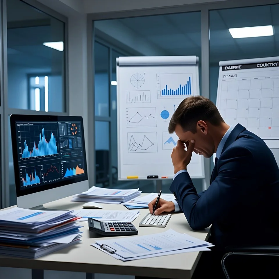 A business person wearing a suit sitting at a cluttered desk with financial documents, a calculator, and a desktop computer displaying charts and graphs. He appears stressed, with his hand on his forehead, in front of whiteboards with more charts and calendars in a modern office setting.