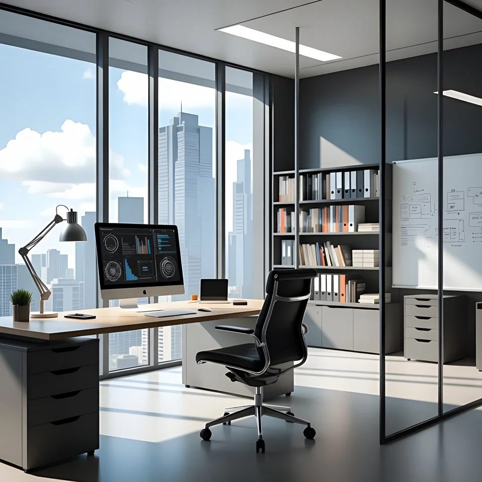 Modern office space with large windows overlooking a cityscape, a desk with a computer monitor, a desk lamp, a potted plant, and a bookshelf filled with binders and books.