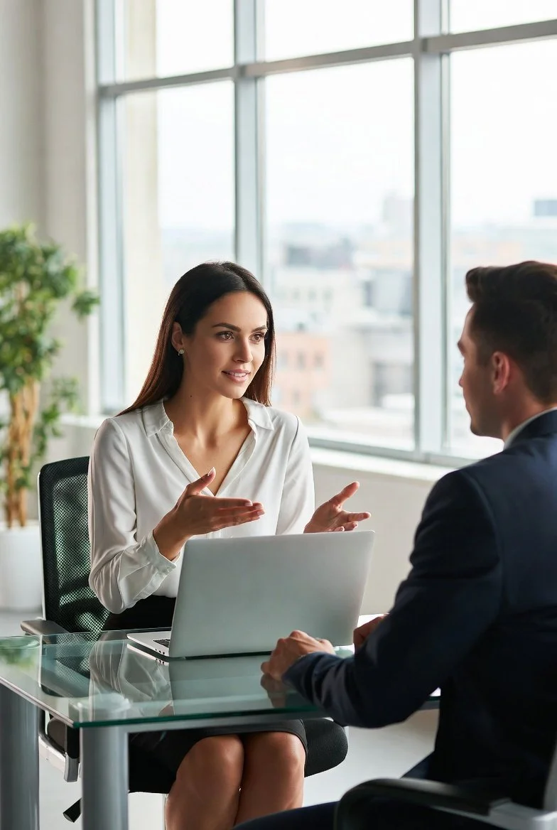 A woman and a man having a conversation in an office. The woman is sitting behind a glass desk with a laptop, gesturing with her hands, while the man is sitting across from her, listening attentively.