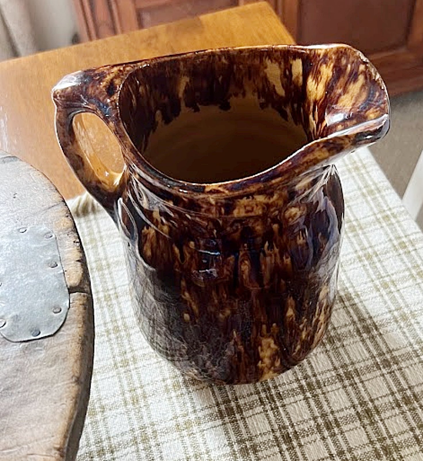 Antique Yellow Ware Batter Pitcher with Rockingham Glaze.jpg