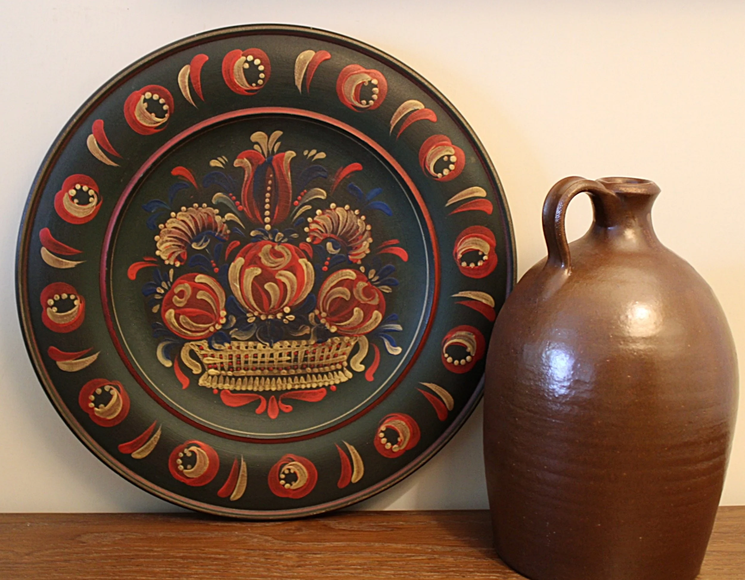 Pennsylvania Dutch Folk Art 12 Inch Hand Painted Wooden Wall Plate With Jug-2516 x 1960.JPG