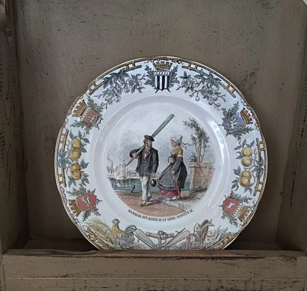 Antique FRENCH SARREGUEMINES PLATE Types Bretons Pattern-full front -wood rack-1000 x 946.jpg