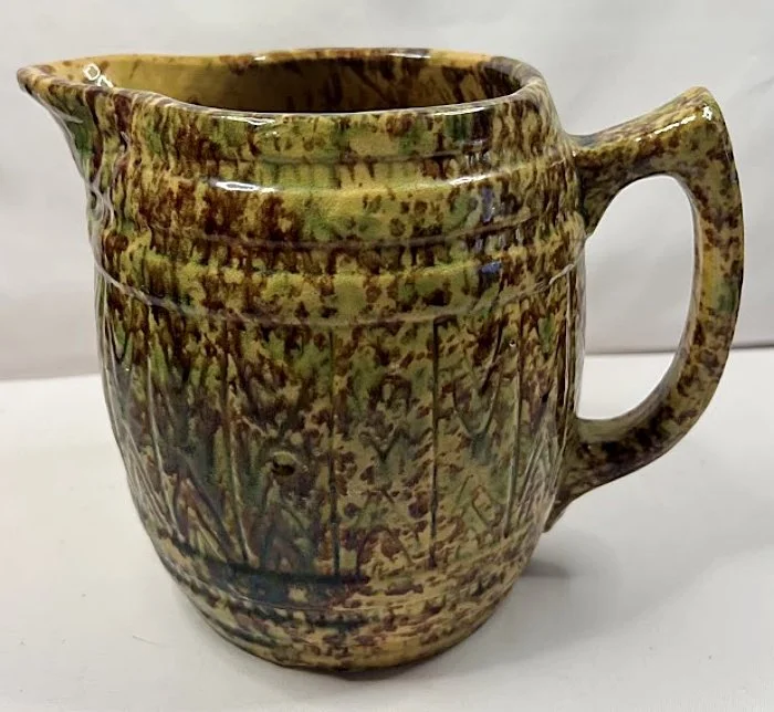 Antique Morton Pottery Sponged YELLOW WARE Pitcher Woodland Glaze Handle right-700 x644.jpg