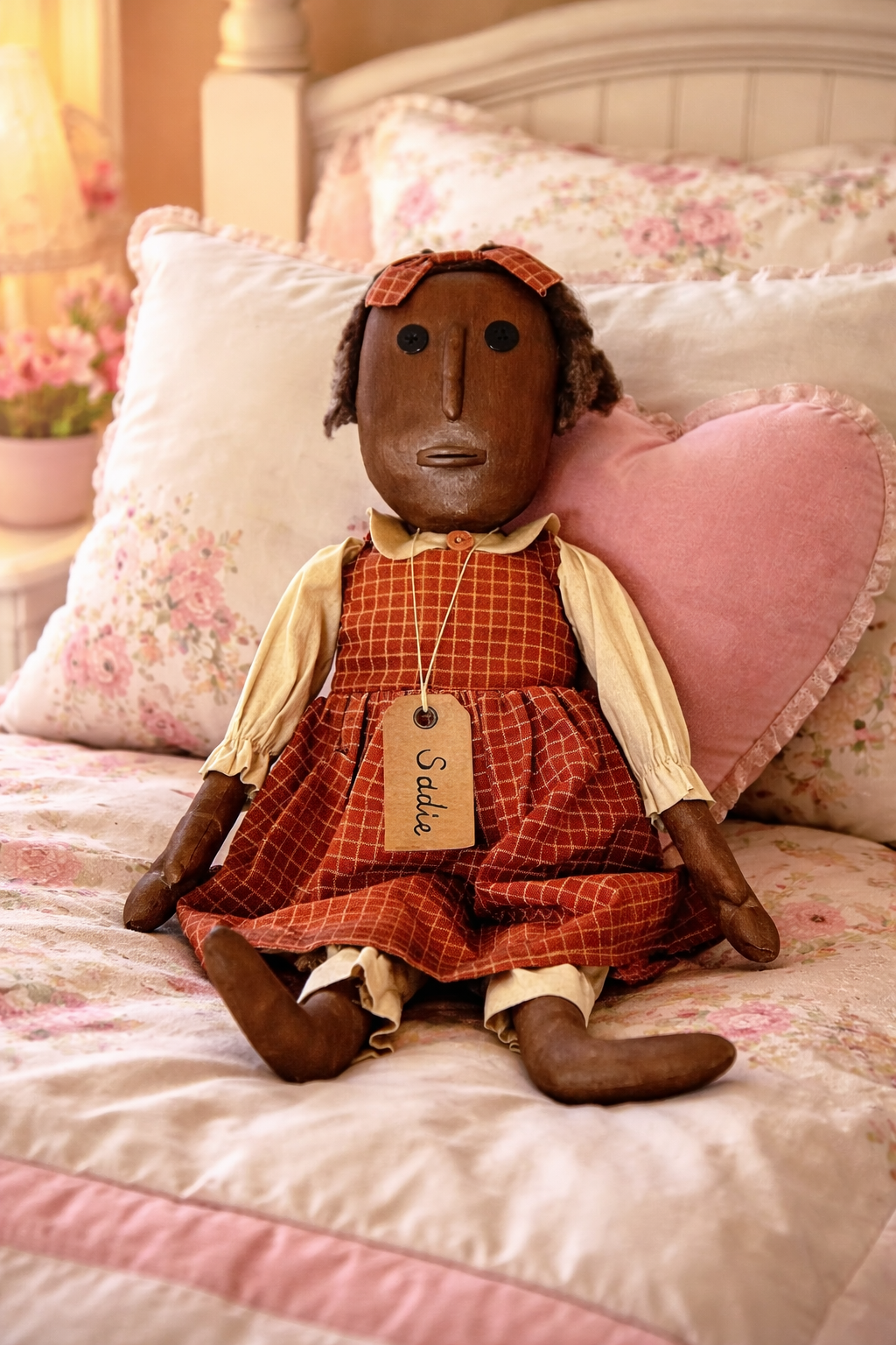 Pink Bedroom with Handmade Doll Sitting on Bed