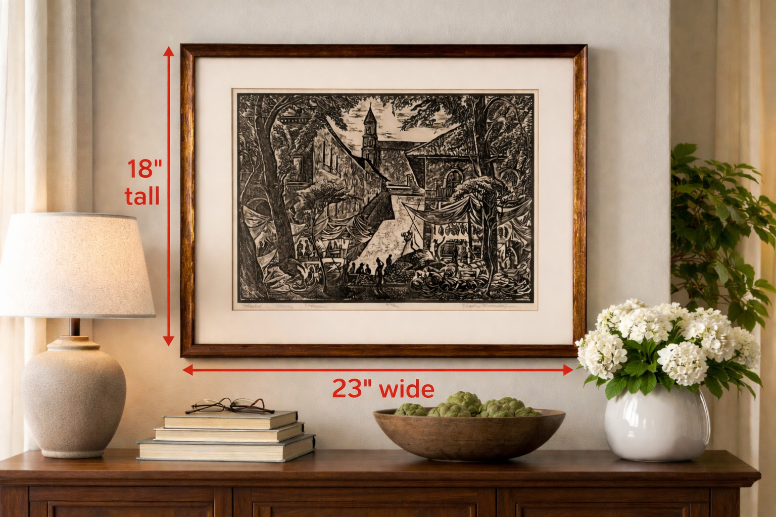 5278 - First Edition CHARLES SURENDORF Large Framed Linocut of Mexican Market - (Patzcuaro) -Size Markers