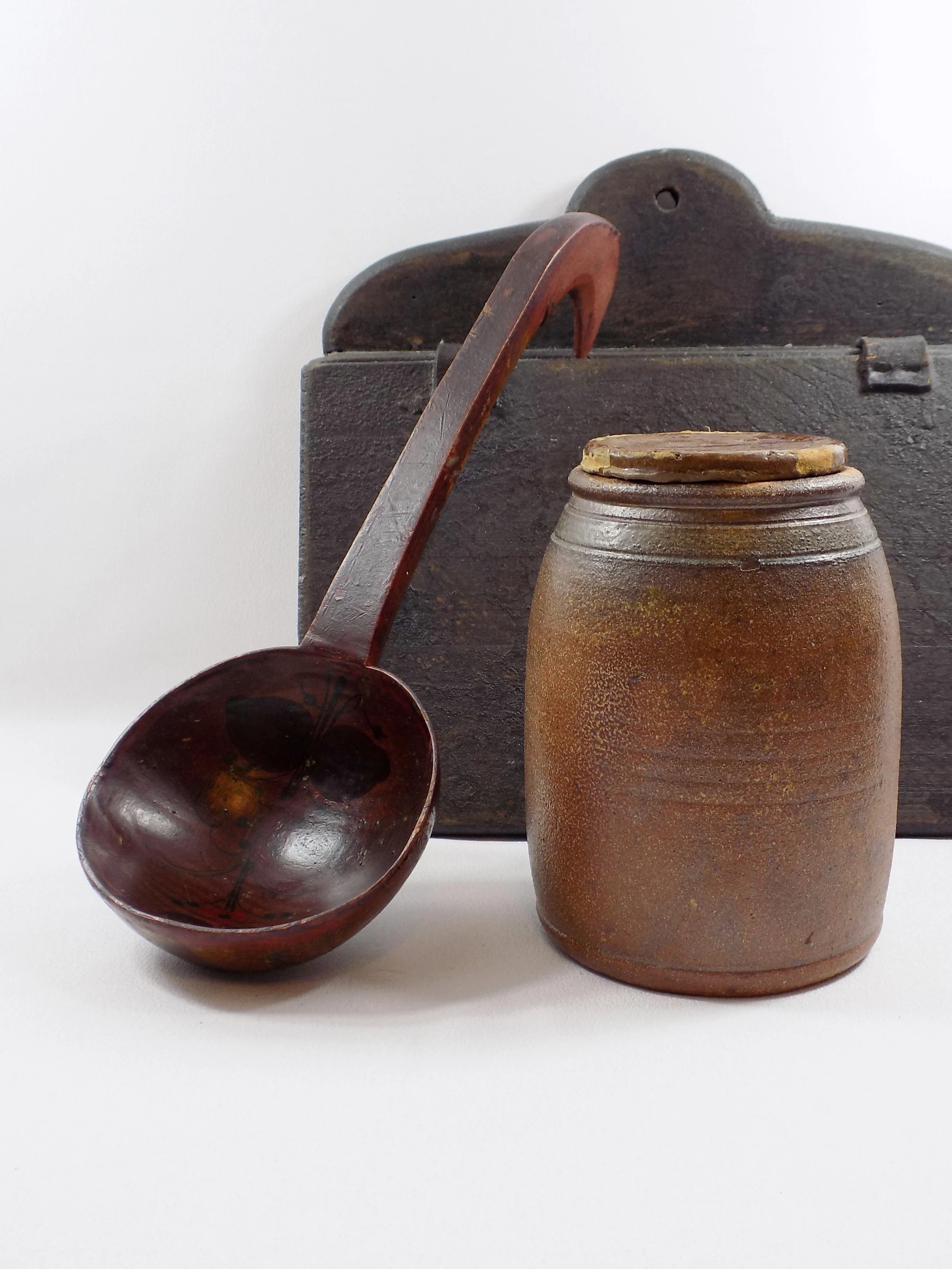 Antique Hand Carved Wooden Ladle - Bird Head Effigy Handle - Painted Designs-with pottery jug and wood box-2-2736 x 3648.jpg