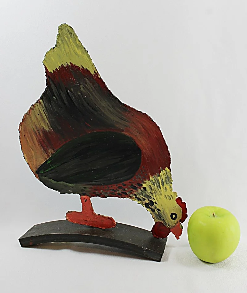 Vintage Metal Chicken Sculpture  - side one with apple-800 x 950.JPG