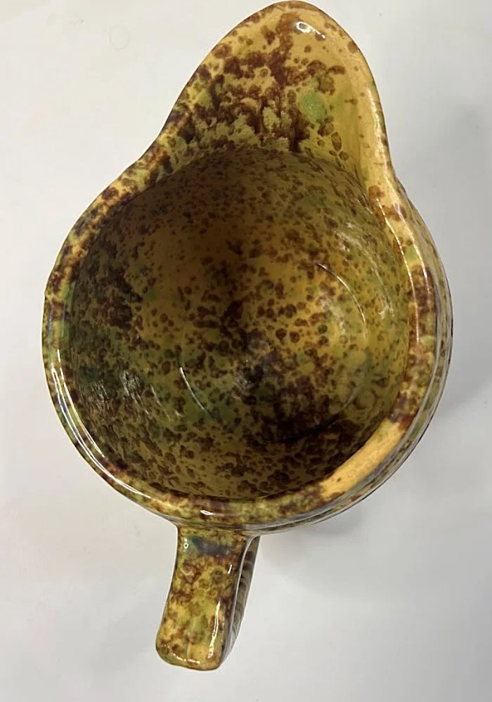 Antique Morton Pottery Sponged YELLOW WARE Pitcher Woodland Glaze Handle inside view-700 x 999.jpg