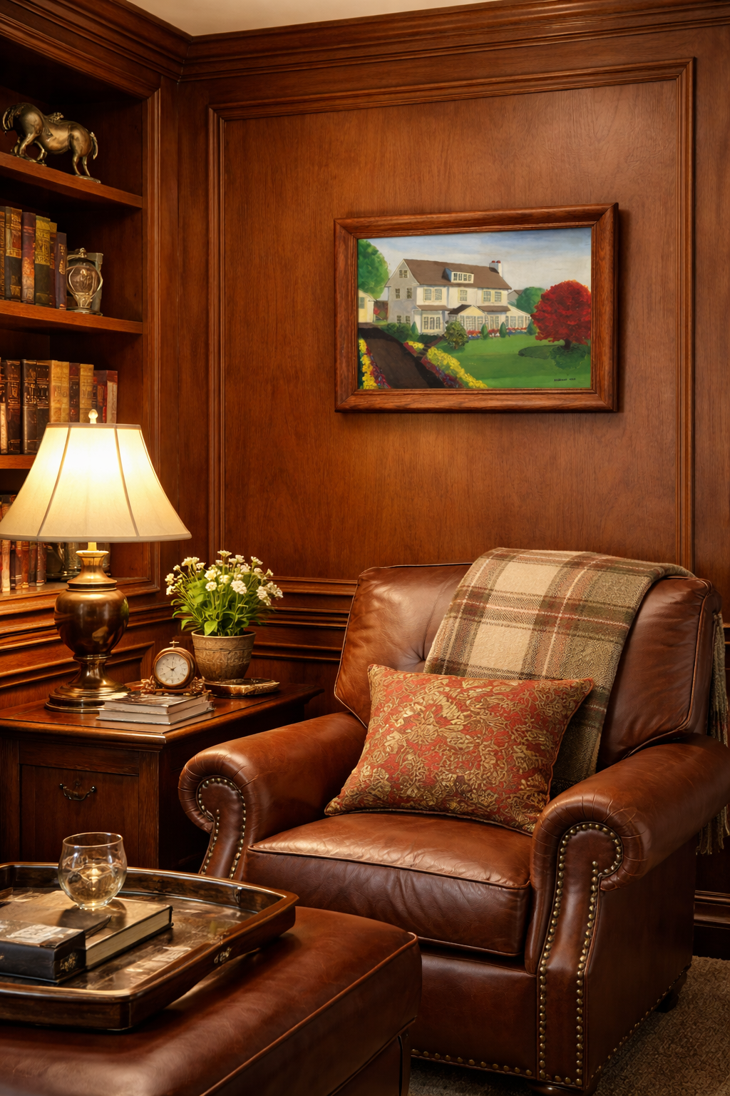 Vintage Oil Painting of House and Gardens Framed & Signed Painting on wood wall in Den