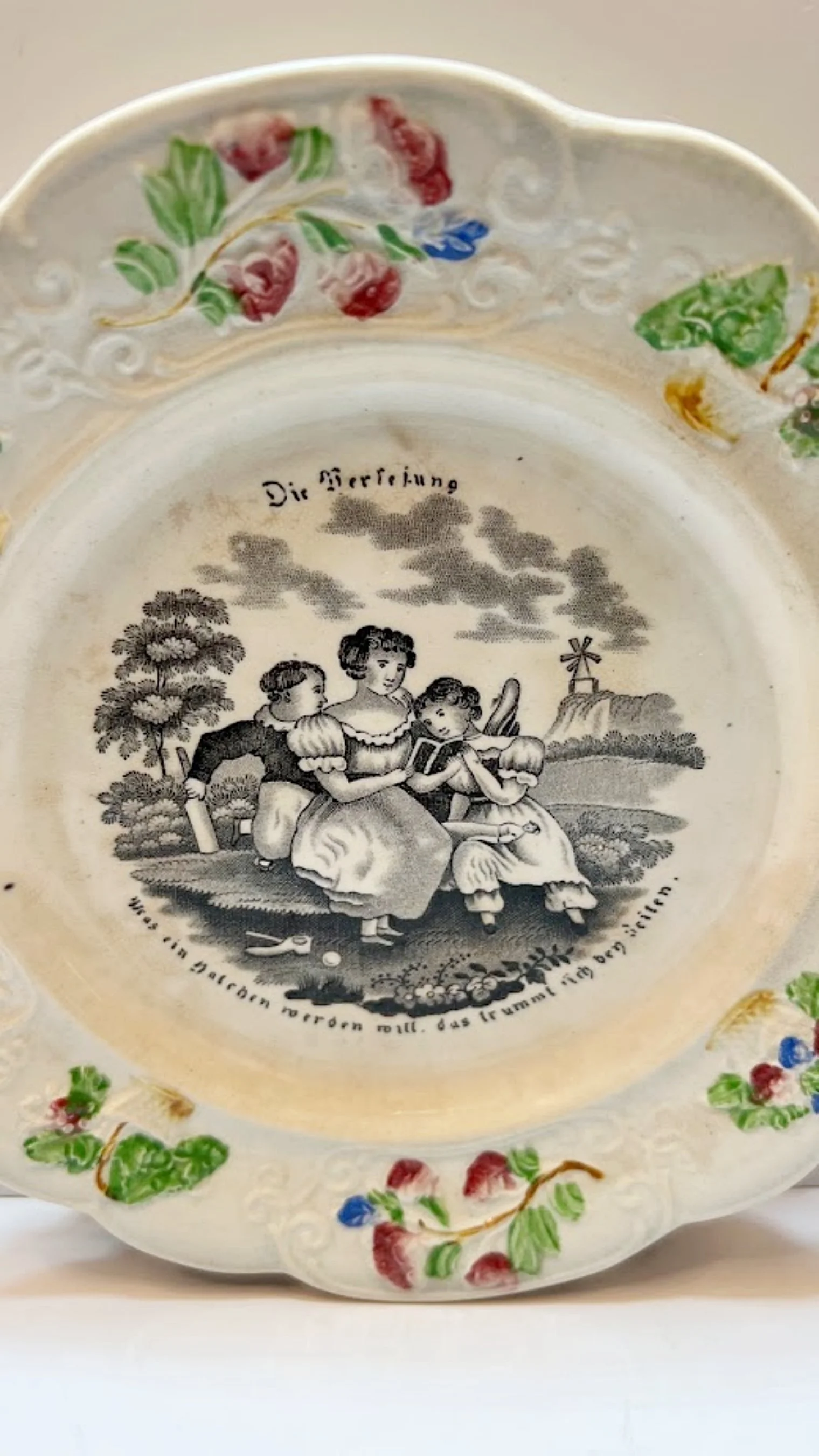 5554-Antique Queen's Ware Child's Plate Circa 1830 William Smith Yorkshire England center view-1520 x 2701.jpg