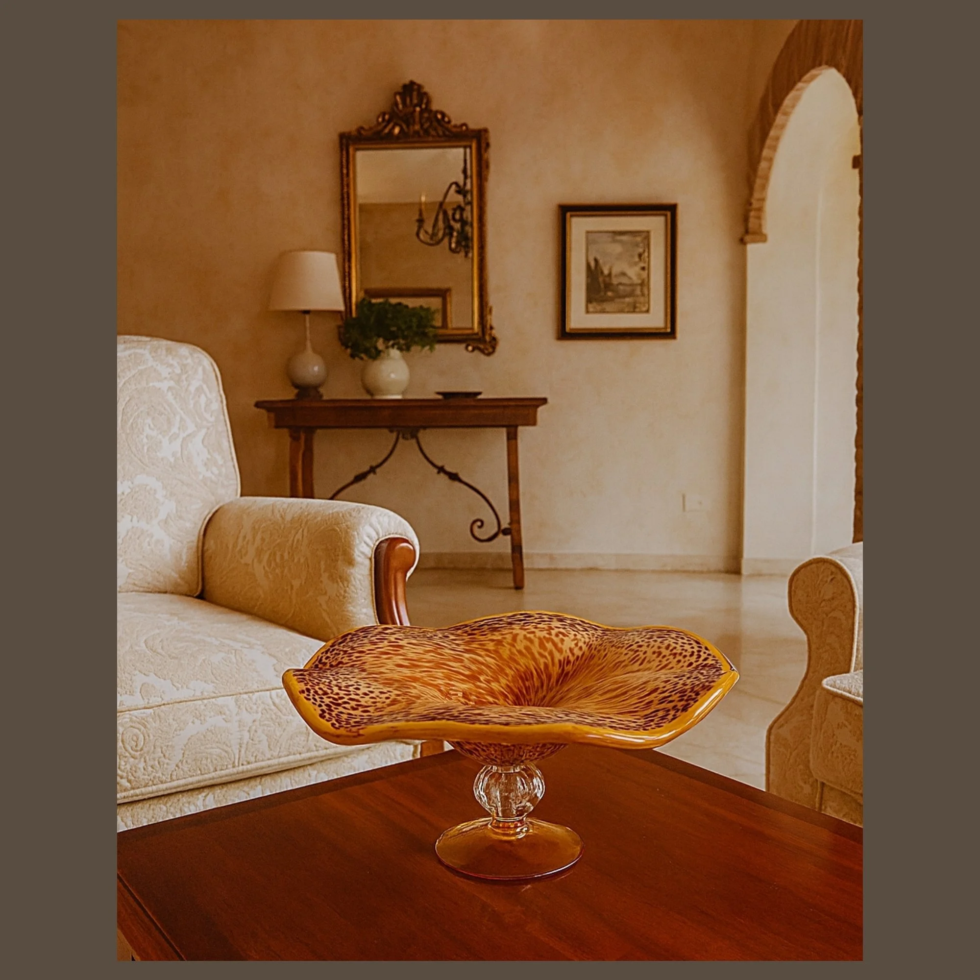 Vintage ITALIAN GLASS Pedestal Bowl Hand Blown Orange Gold and Amber-Full View-on Table-Living room-closeup-PYH-2000 x 2000.jpg