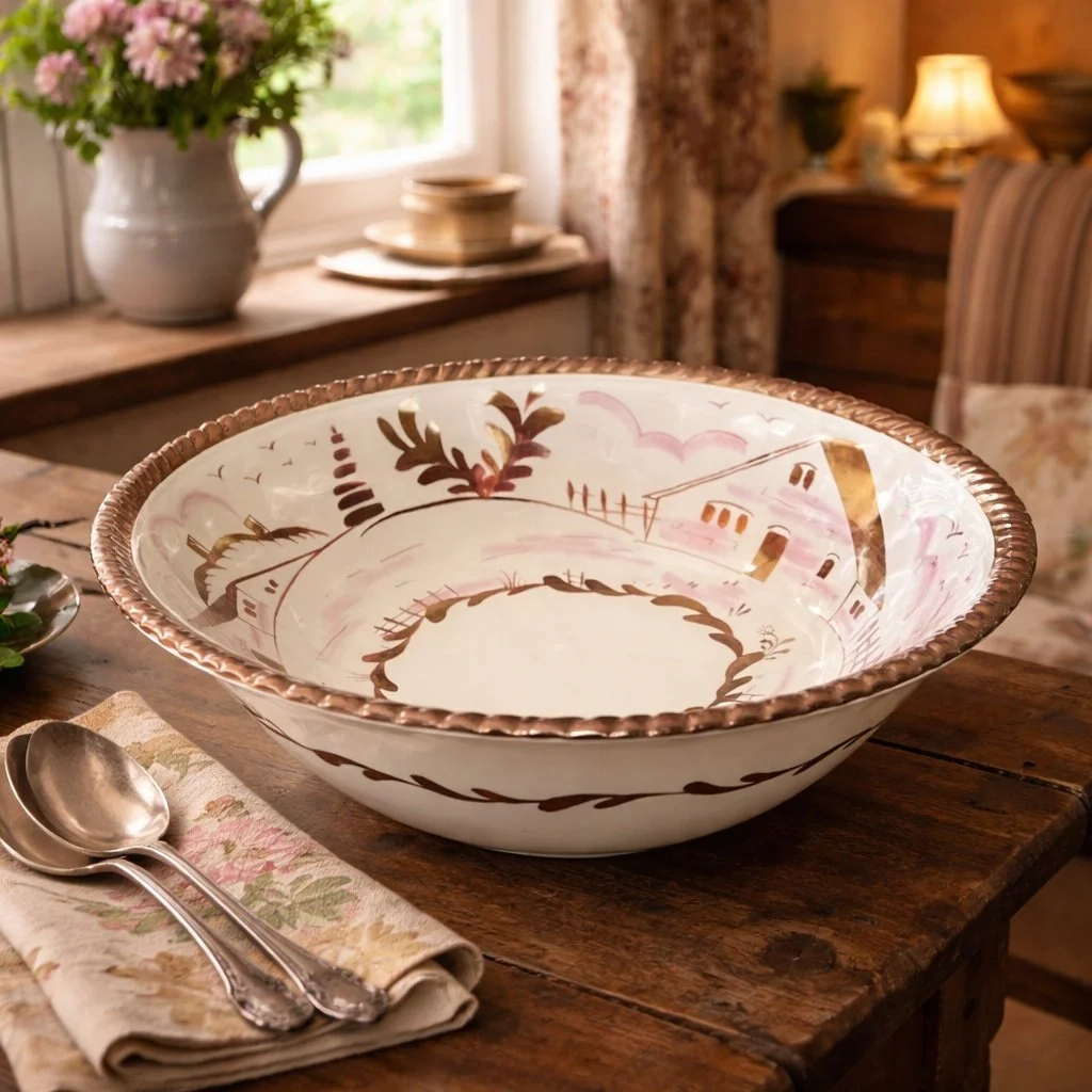 Vintage ENGLISH COPPER LUSTRE Bowl by Gray's Pottery Hand Painted House Pattern 10 Inch on table with place-setting-1024 x 1024.jpg