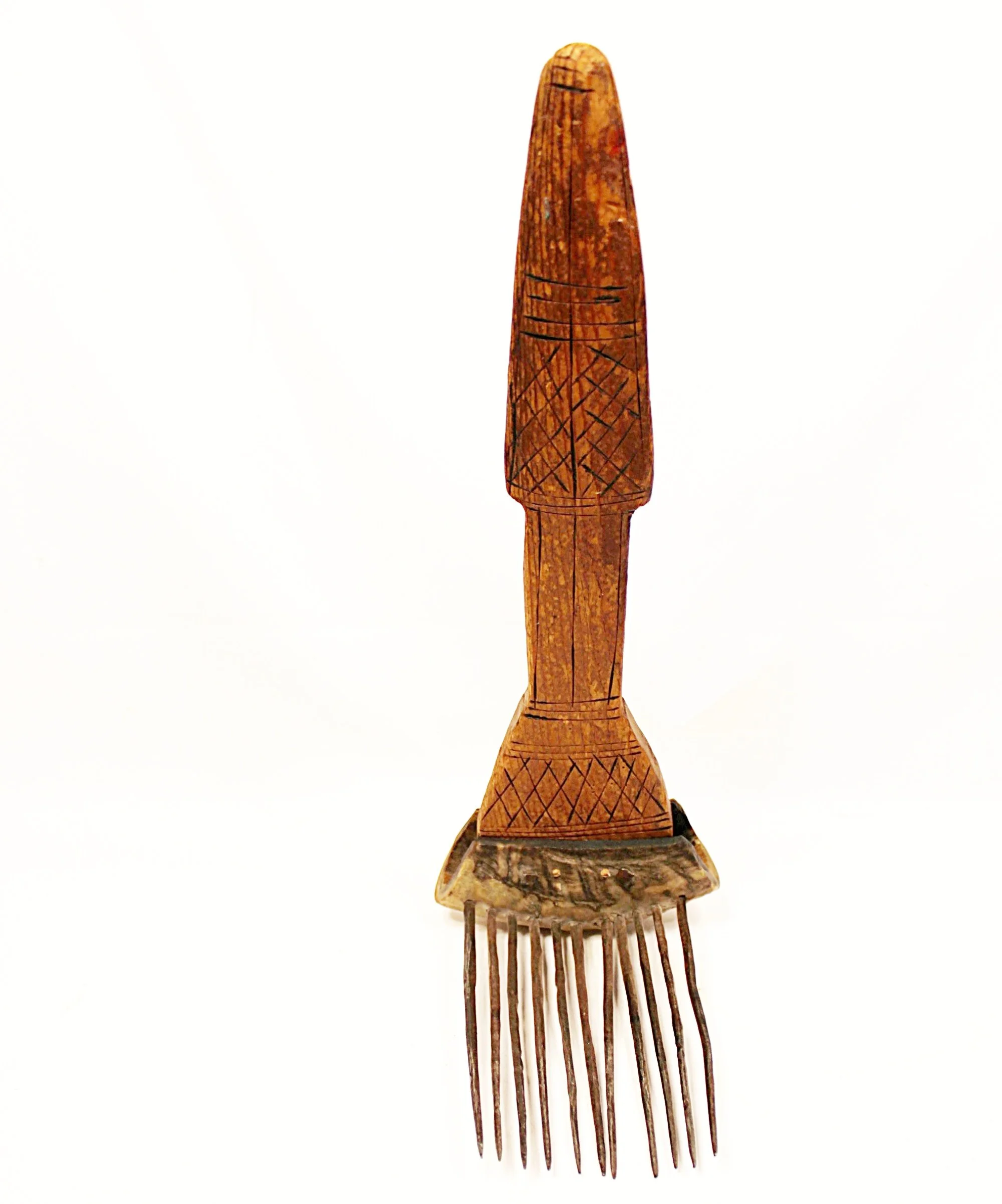 African Carved Wooden Fiber Comb with Forged Iron Spikes-Facing-Front-Handle-Up-2000 x 2404.JPG