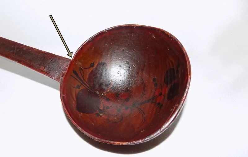 Antique Hand Carved Wooden Ladle - Bird Head Effigy Handle - Painted Designs bottom view-crack view-ff-800 x 506.jpg