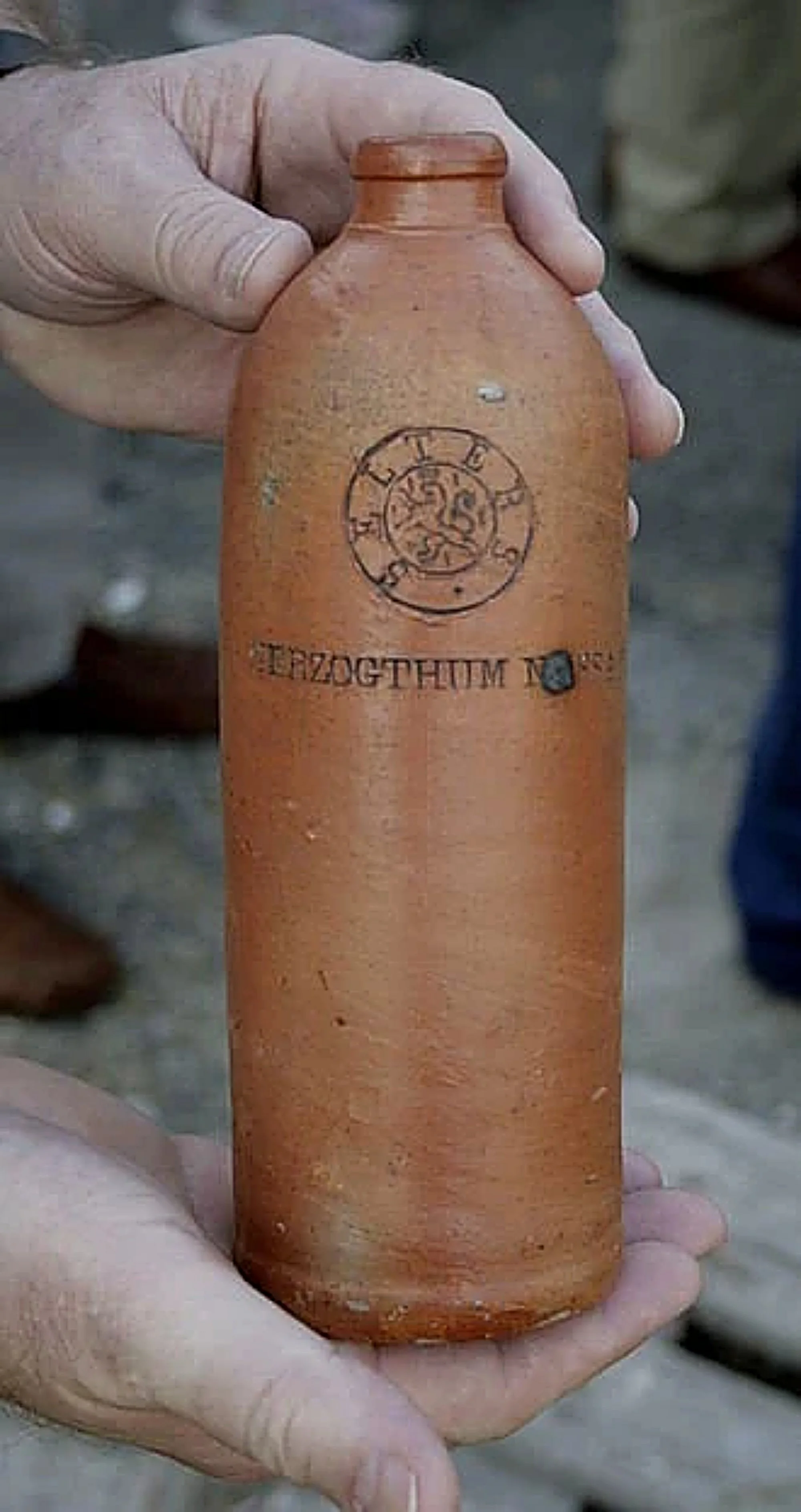 Antique Stoneware Mineral Water Bottle from Selters Germany Circa 1840s-full view-in hand-2000 x 3776.jpg