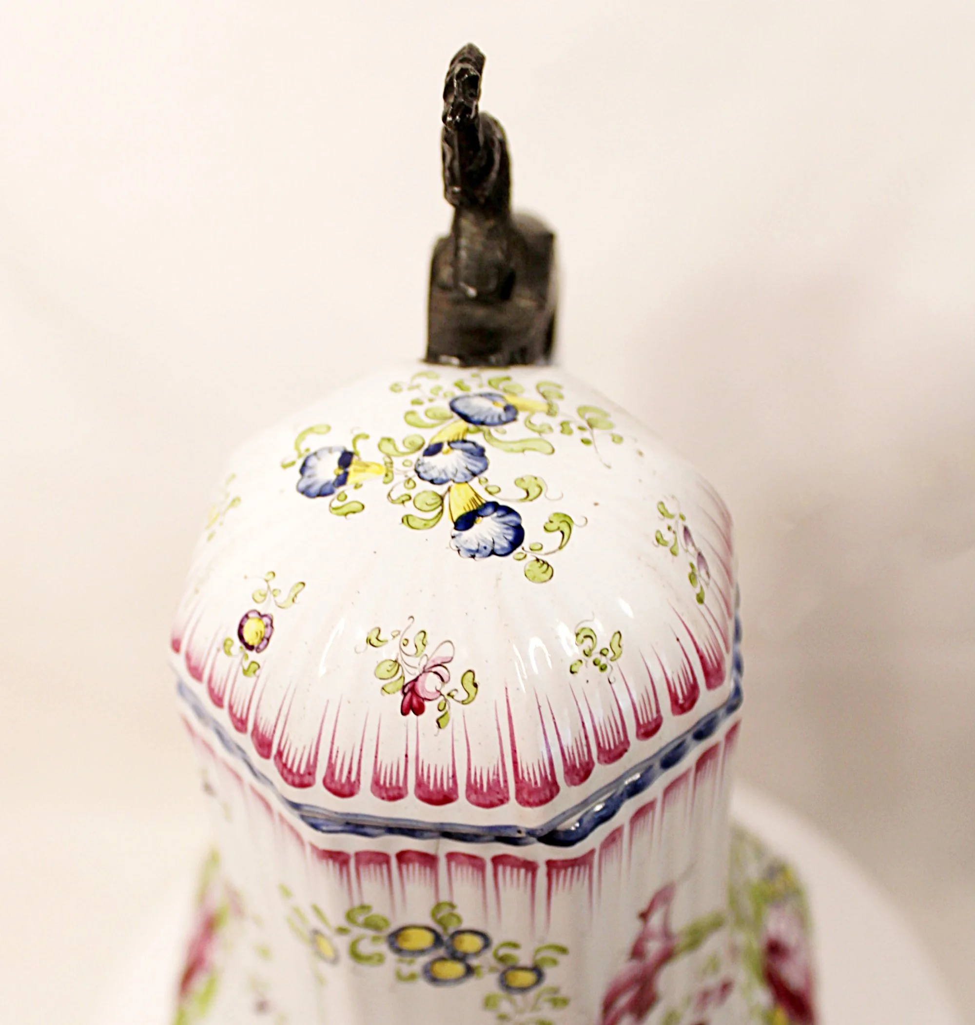 Rare Antique French Faience Lidded Pitcher with Pewter Thumb Lifter and Royal Coat of Arms-closeup-lid-top-2000 x 2101.JPG