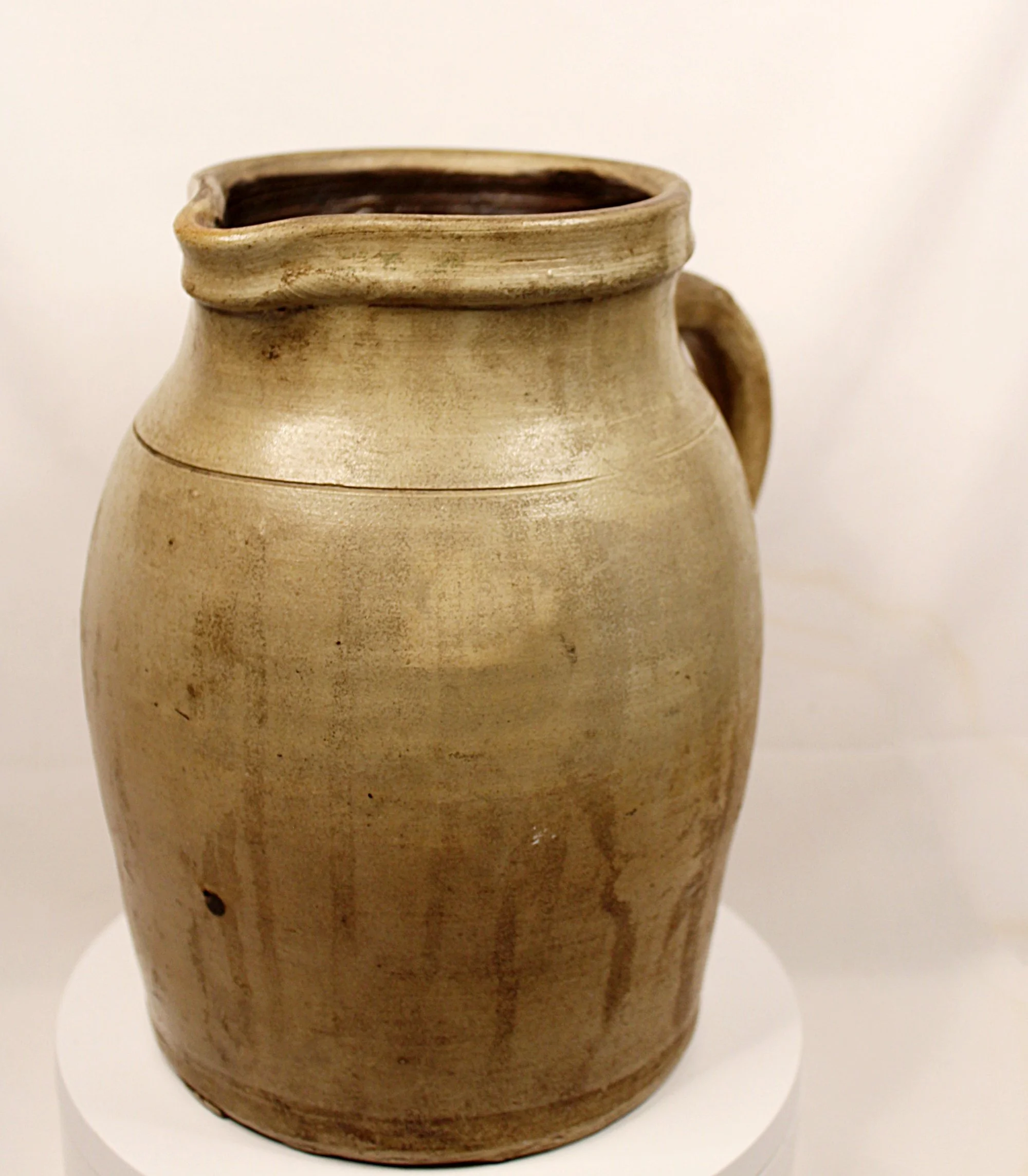 Antique Salt Glazed Stoneware Pottery Pitcher What Cheer Iowa Primitive Make-Do Repair-Spout-Left-front-2000 x 2287.JPG