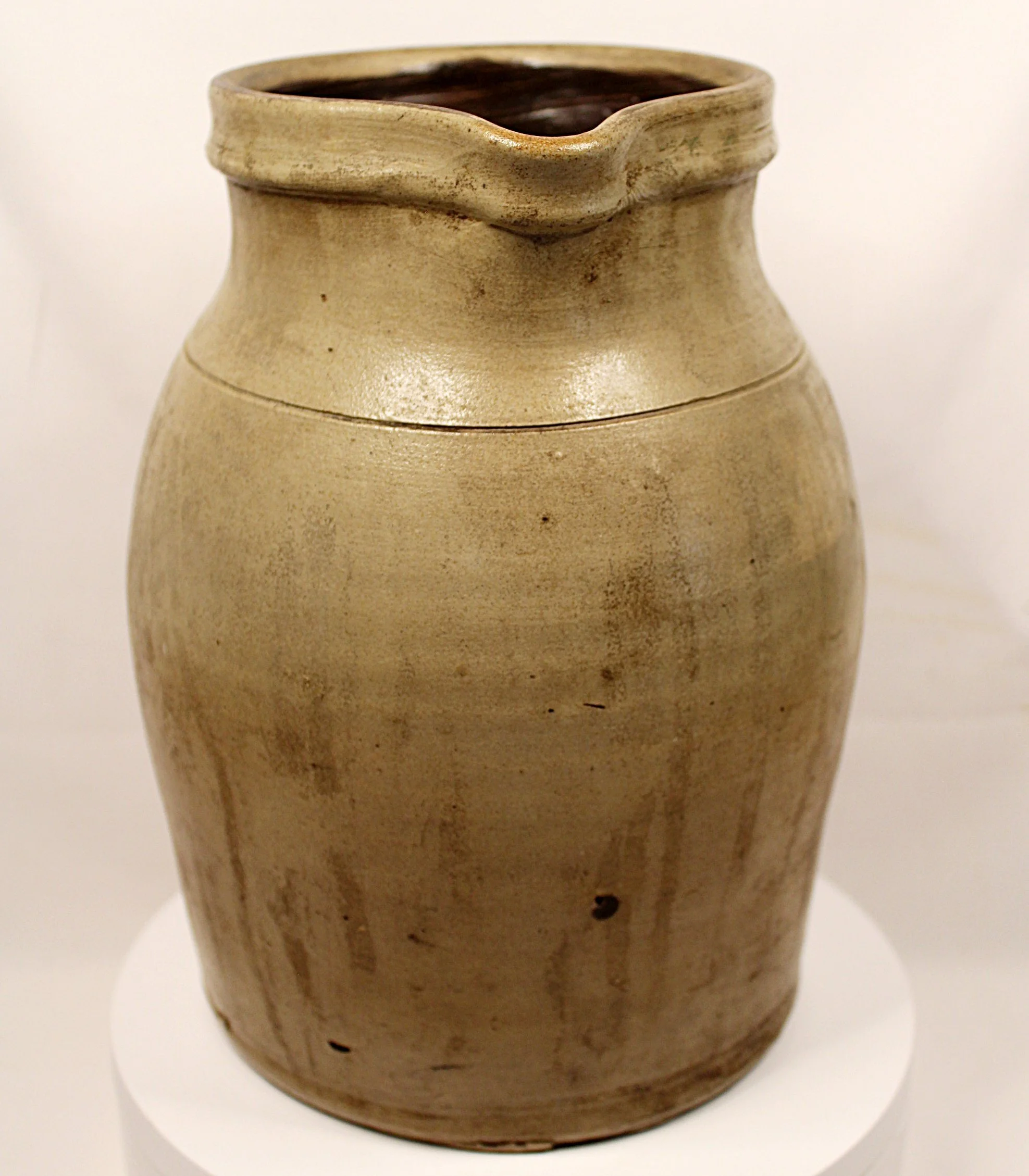 Antique Salt Glazed Stoneware Pottery Pitcher What Cheer Iowa Primitive Make-Do Repair-Spout-Full-Front-1975 x 2258.JPG