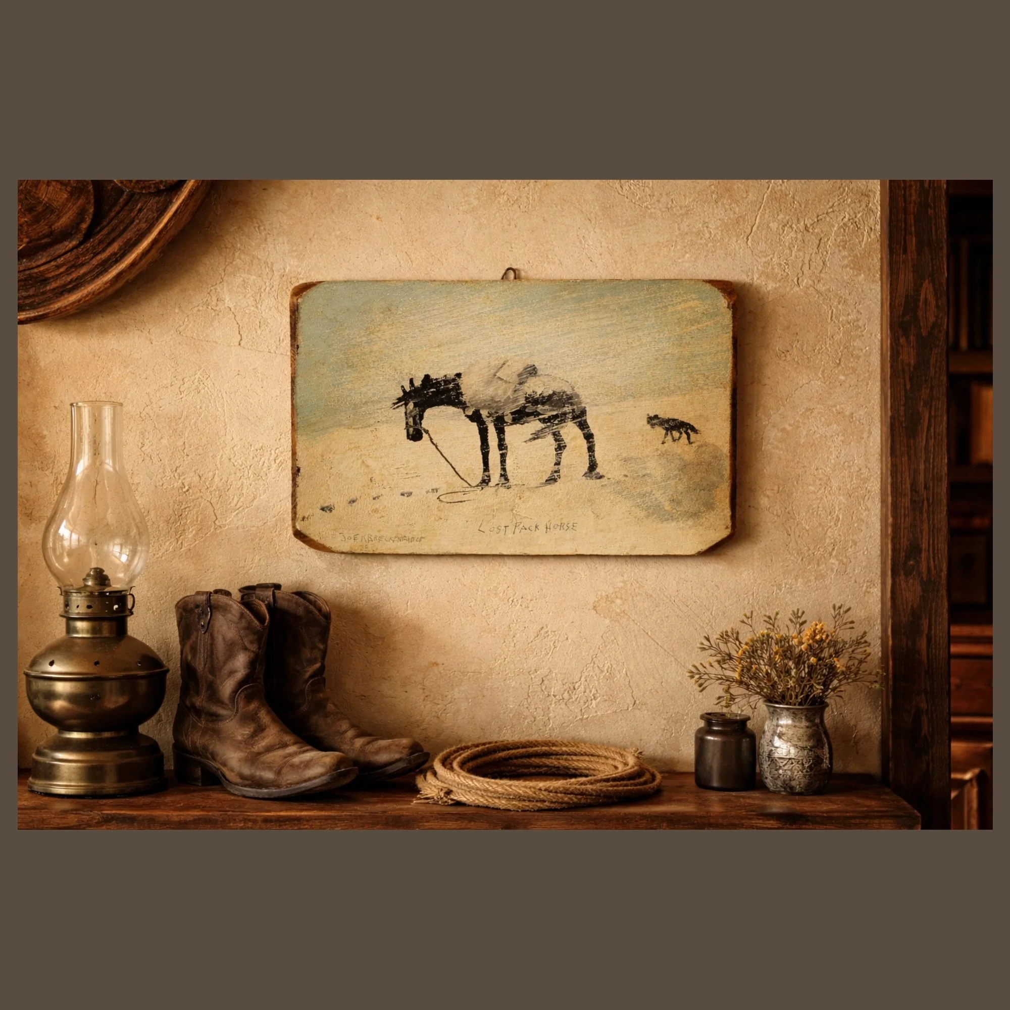 Original Joe R Breckenridge Painting on Wood Plank 1960s Lost Pack Horse-hanging over table with boots-lamp-PYH-2000 x 2000.jpg