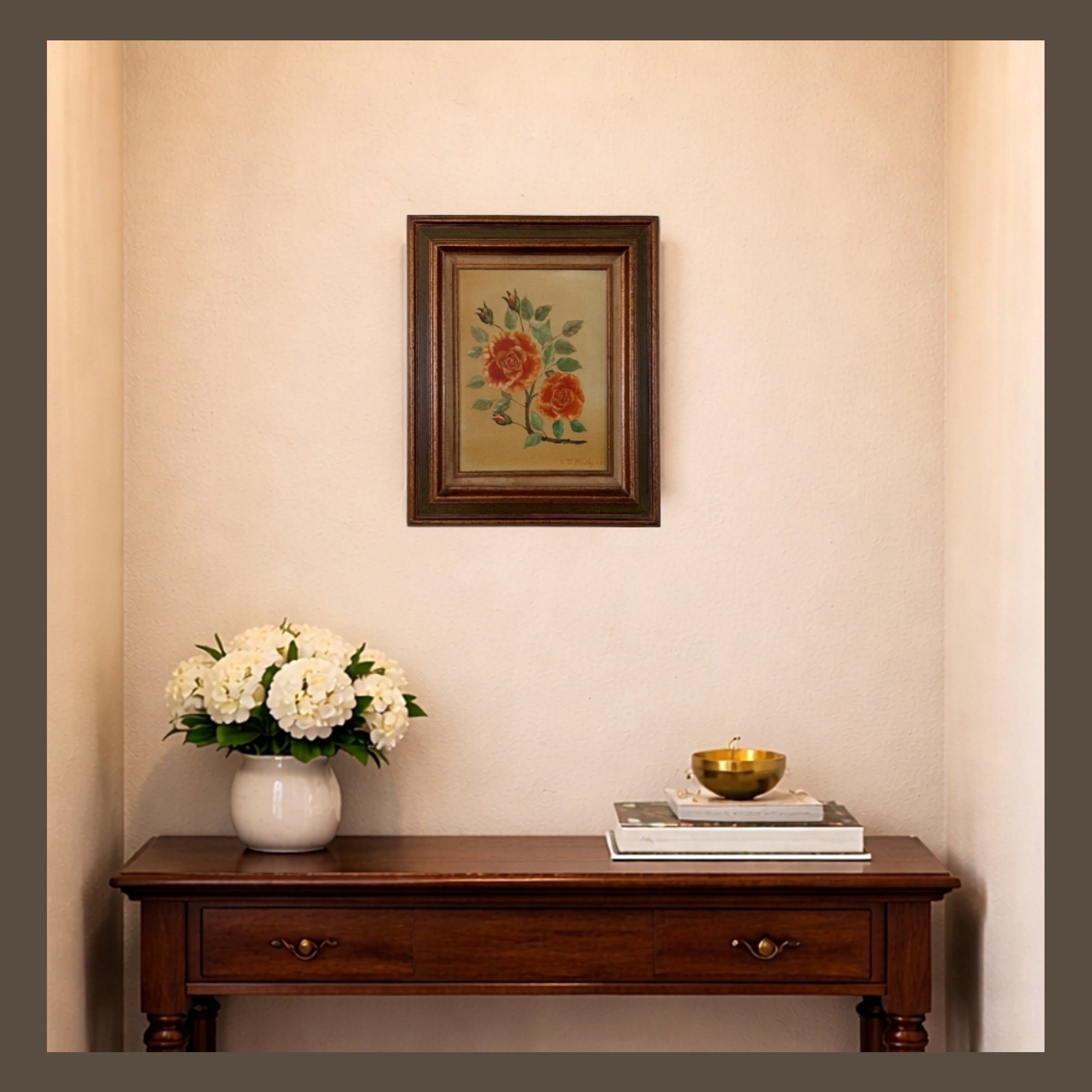 Vintage Framed Painting of Roses by W. T. Presley - full framed front view-Hallway-2000 x 2000.jpg