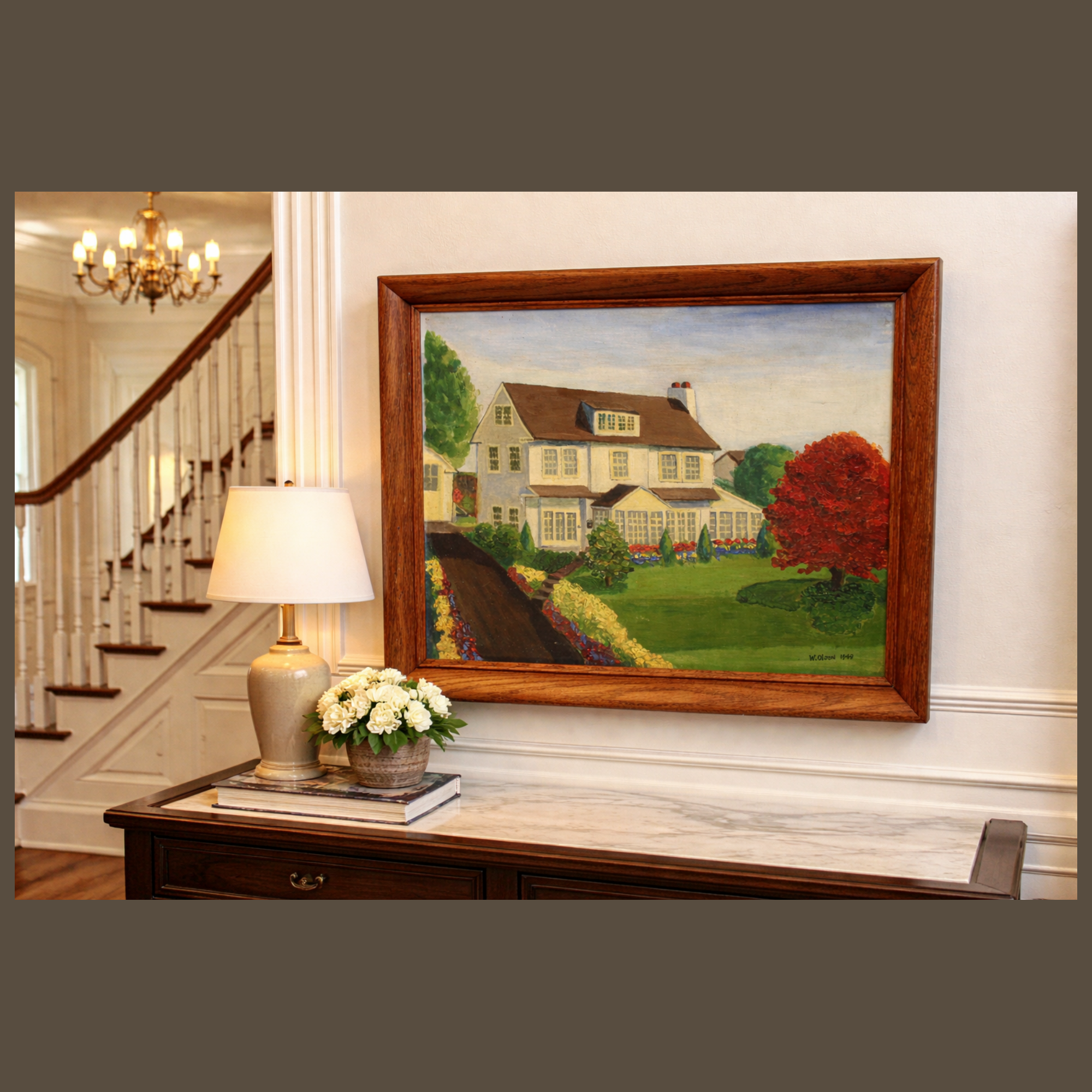 Elegant foyer with colonial painting of houseg Vintage Oil Painting of House and Gardens Framed & Signed