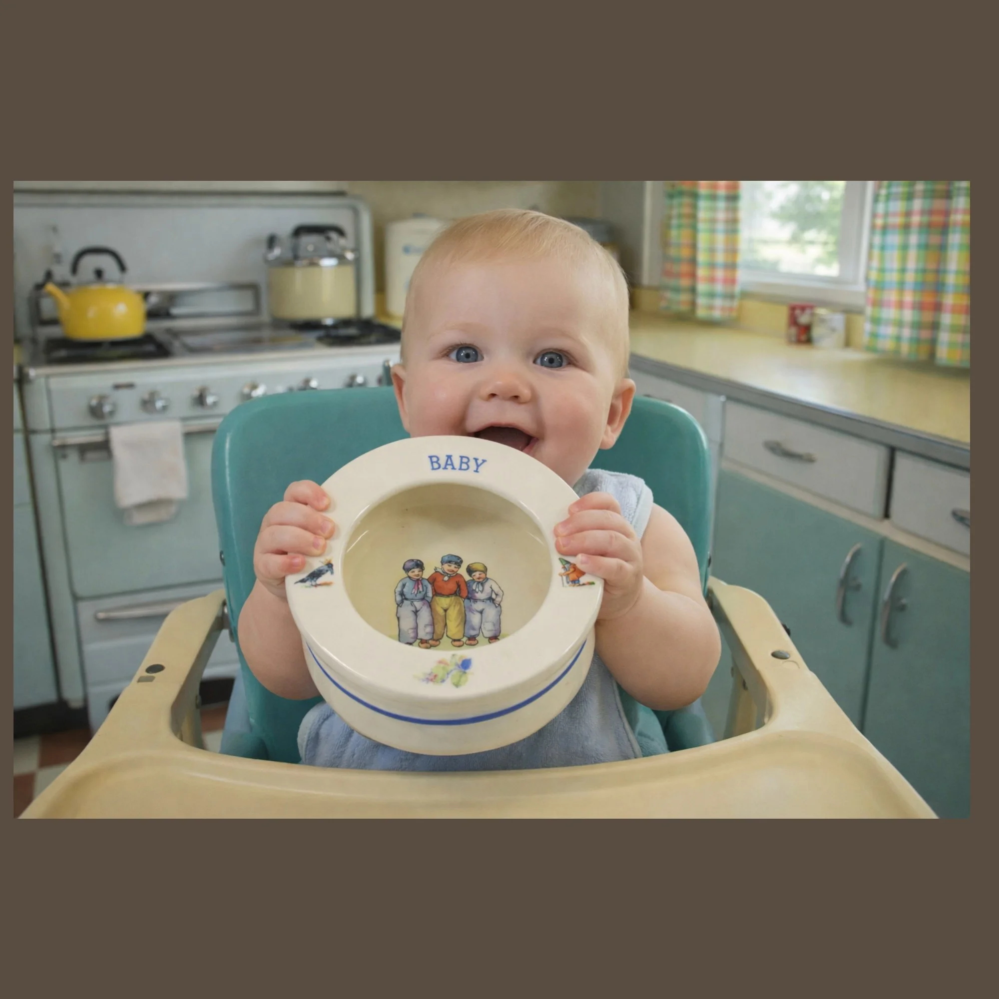 Vintage 1930s Baby Dish - Czechoslovakia - front top view-Baby-High-Chair-pyh-2000 x 2000.jpg