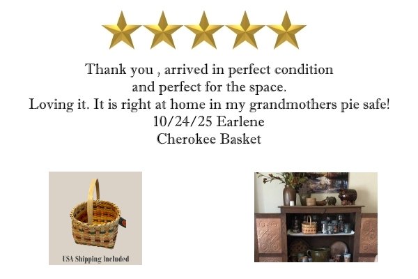 Certificate of appreciation with five gold stars, thank you note, and two photos of home decor items including a basket with a handle on the left and a wooden shelf with plants and decorative items on the right, with text about a Cherokee Basket.