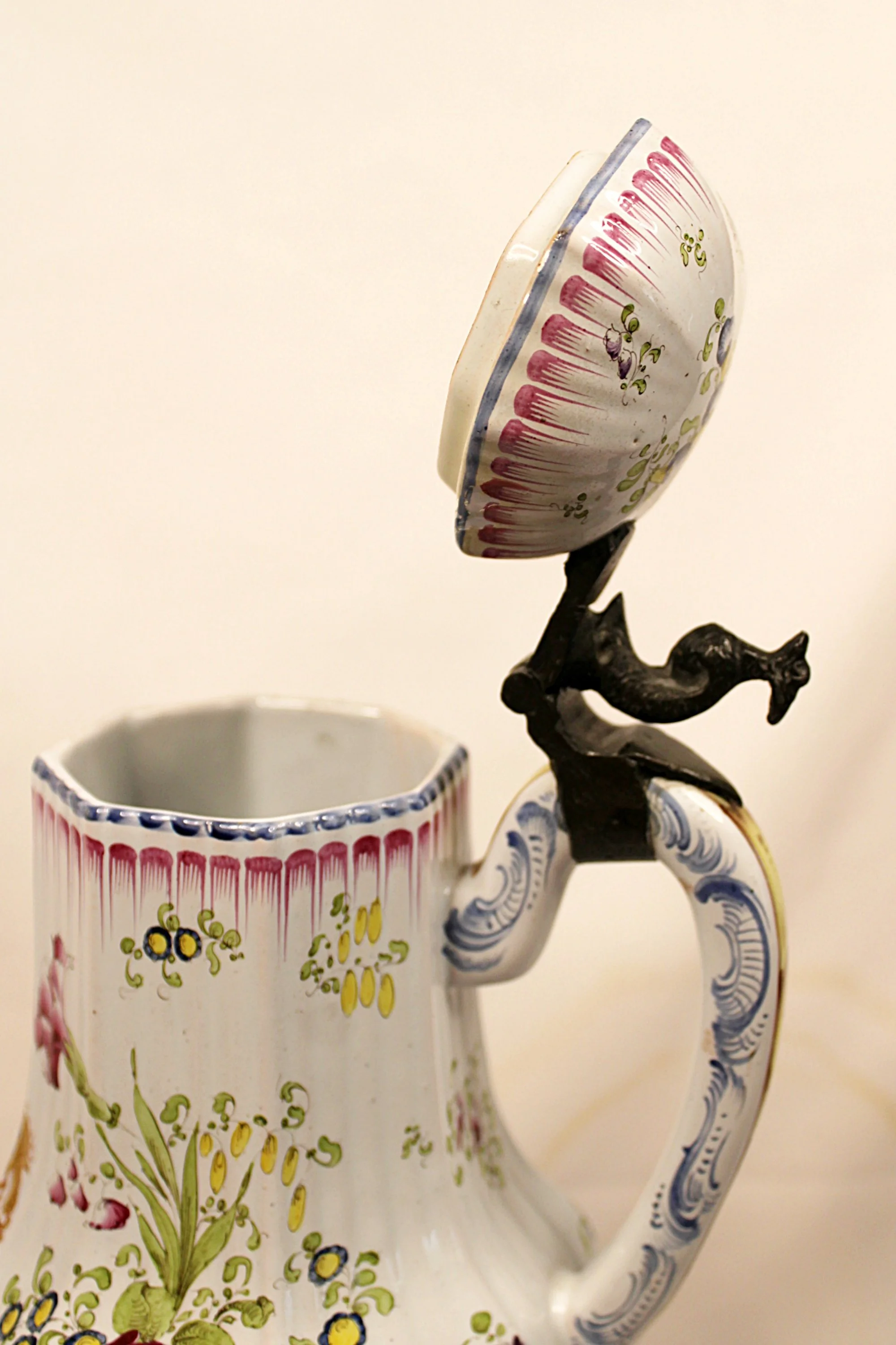 Rare Antique French Faience Lidded Pitcher with Pewter Thumb Lifter and Royal Coat of Arms-closeup-lid-up-2000 x 3000.JPG