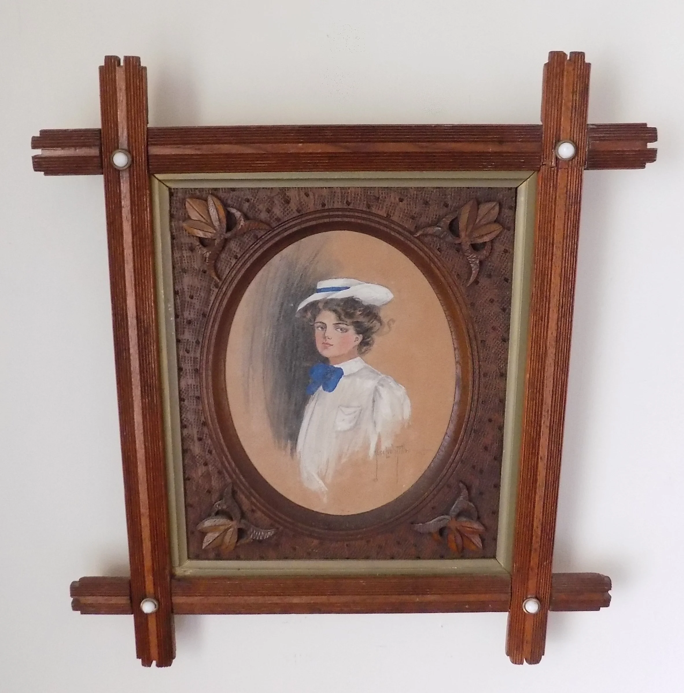 Antique Alice Luella Fidler Original Watercolor Crisscross Frame With Porcelain Beads Signed and Dated 1906-2365.JPG