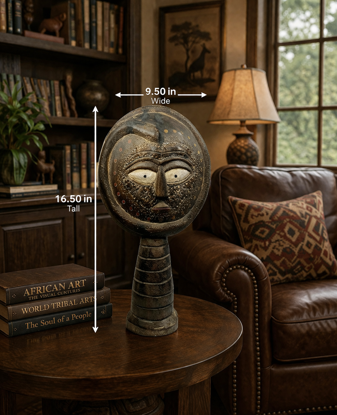 AFRICAN CARVED STATUE Tall Wood and Metal Face with Snake