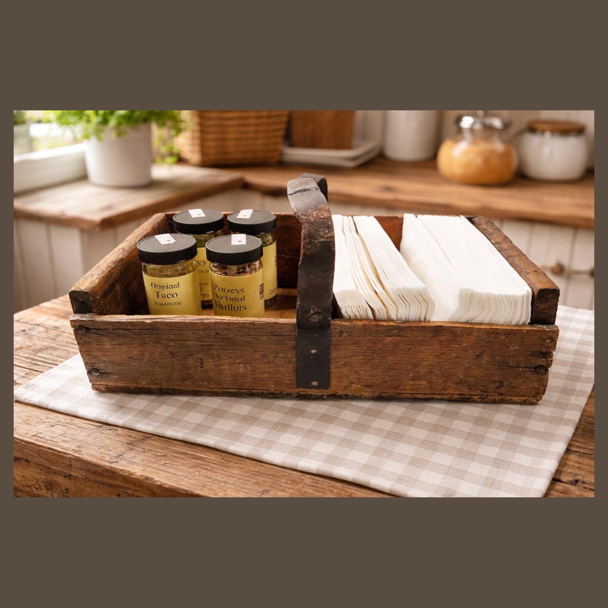 Antique-Handmaid-Wood-Carriier-Box-with-Leather-Handle -with-napkins -Penzeys Spice -pyh-2000 x 2000.jpg