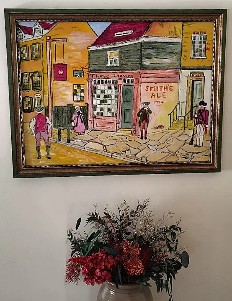 5724-Colonial Village Folk Art Oil Painting-over-flowers-800 x 1036.jpg