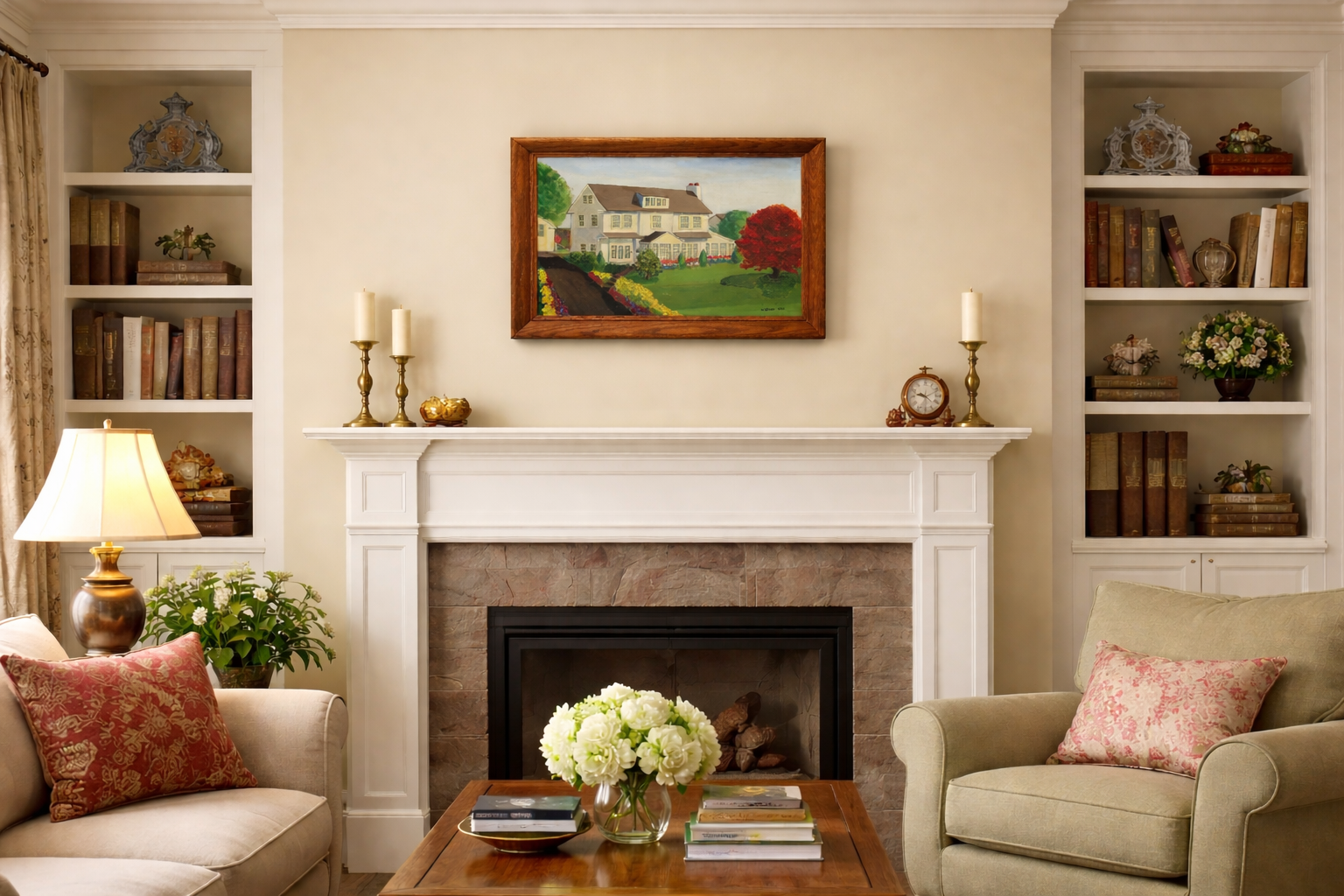 Vintage Oil Painting of House and Gardens Framed & Signed Hanging over Fireplace