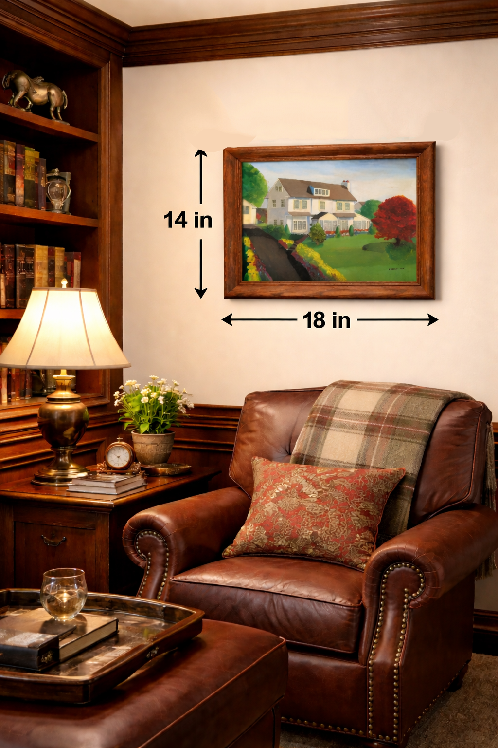 Oil-painting-house and gardens with size arrows for height and  length