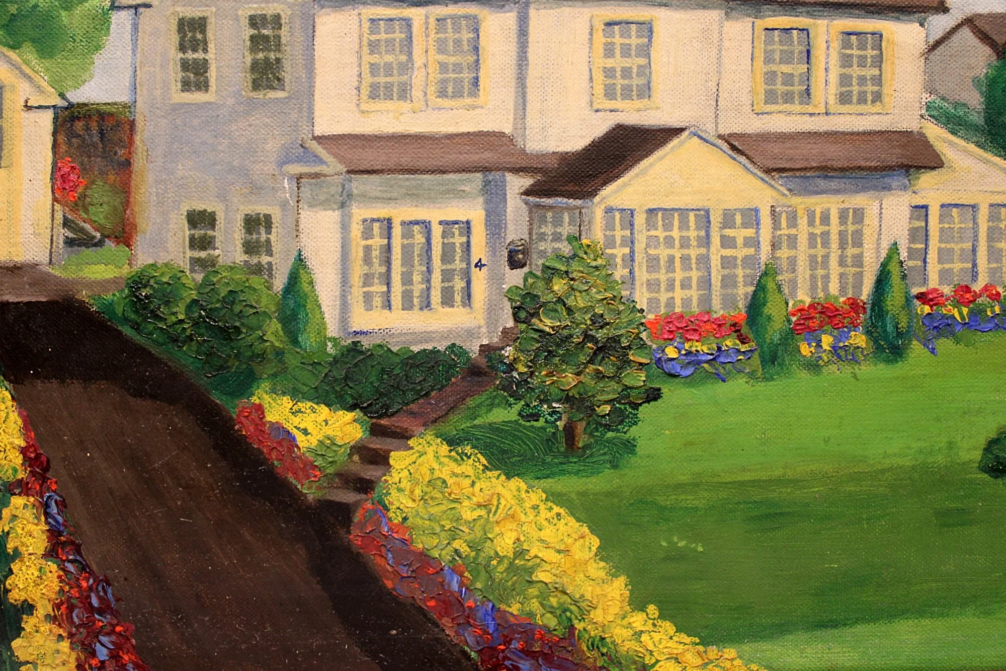 Vintage Oil Painting of House and Gardens Framed & Signed Closeup Driveway