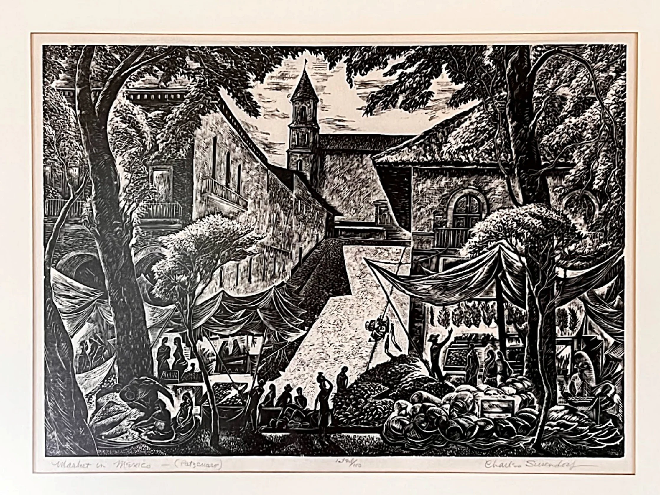 First Edition CHARLES SURENDORF Large Framed Linocut of Mexican Market - (Patzcuaro) - full front -no frame-2239 x 1679.jpg
