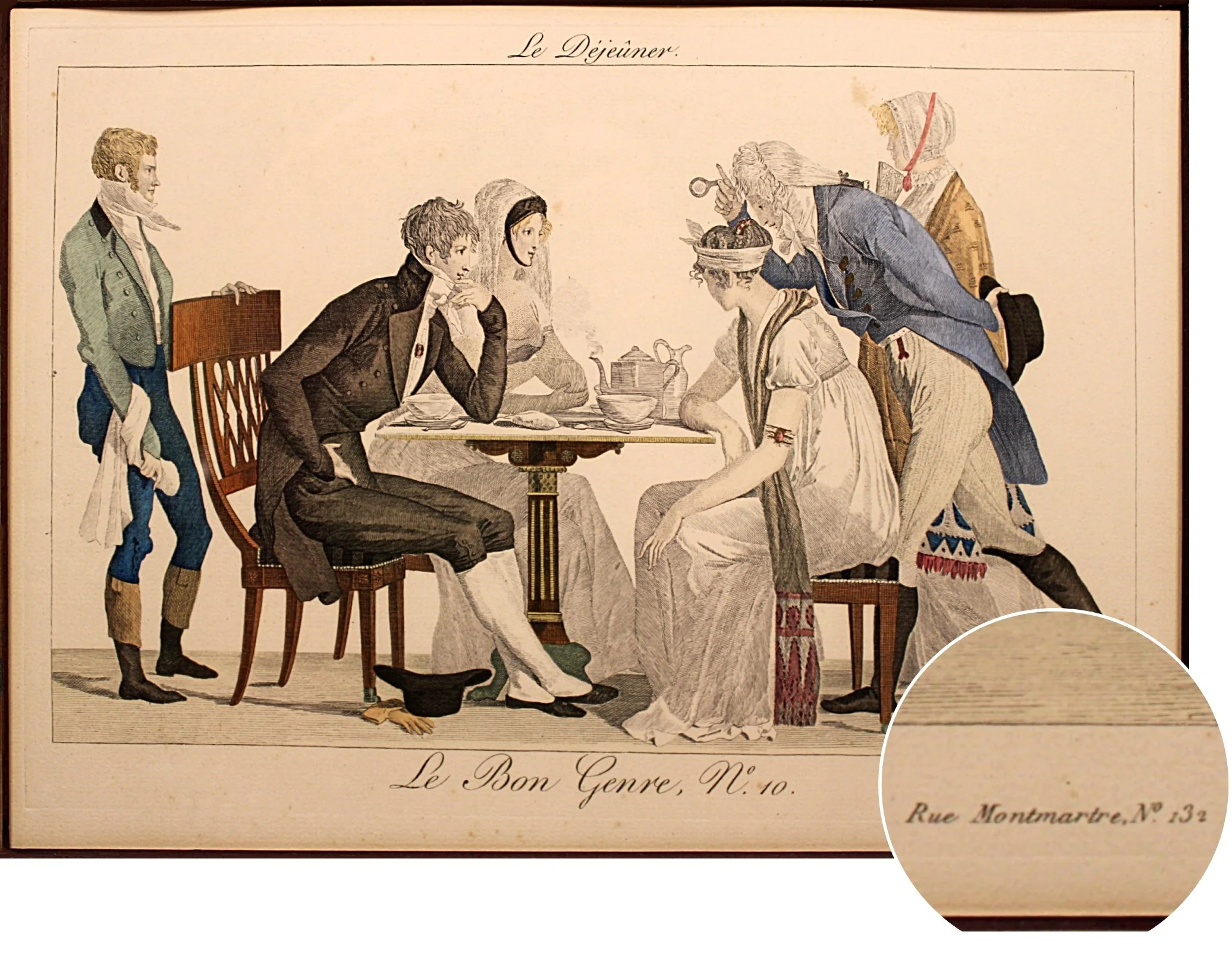 LE BON GENRE Four 1800s French Etchings Hand Colored Framed Cuisine Themed-Front Pic-closeup-3-2000 x 1443.JPG