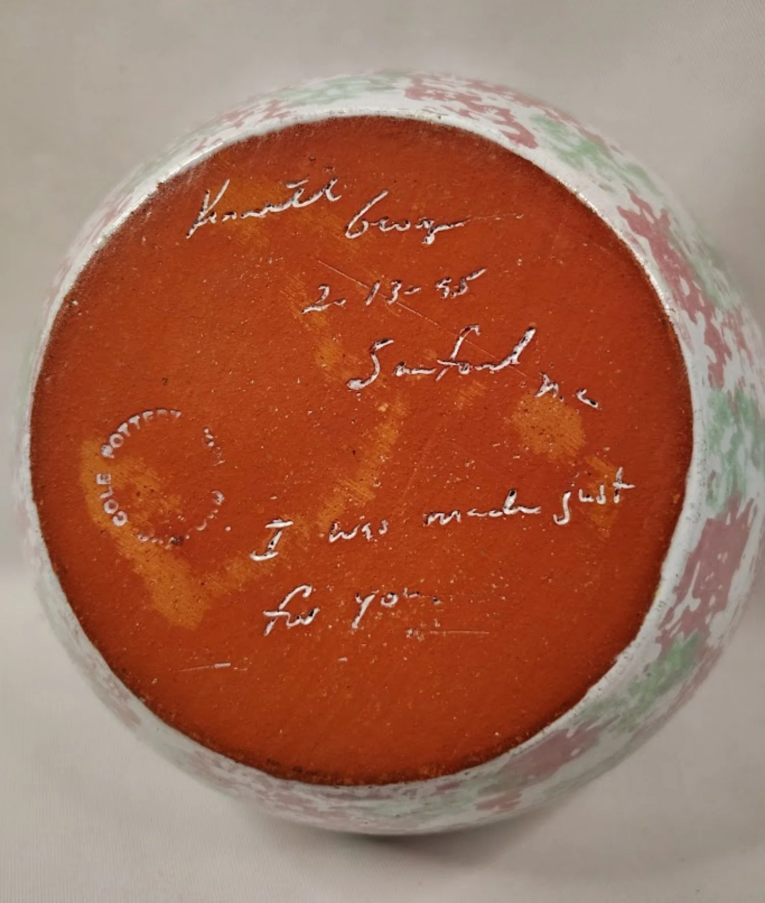 Vintage SpongeWare Pottery Bowls by Kenneth George of Cole Pottery Sanford NC 1995-one-sm bowl-bottom-1500 x 1770.jpg